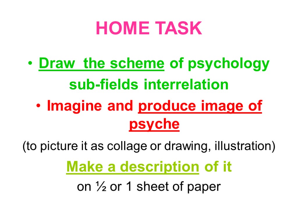 HOME TASK Draw the scheme of psychology sub-fields interrelation Imagine and produce image of